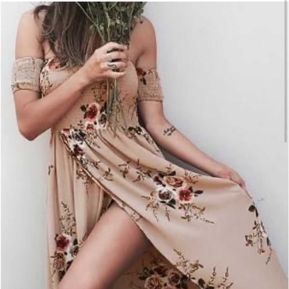 Floral Off-Shoulder Dress in Tan - Picture 2 of 8